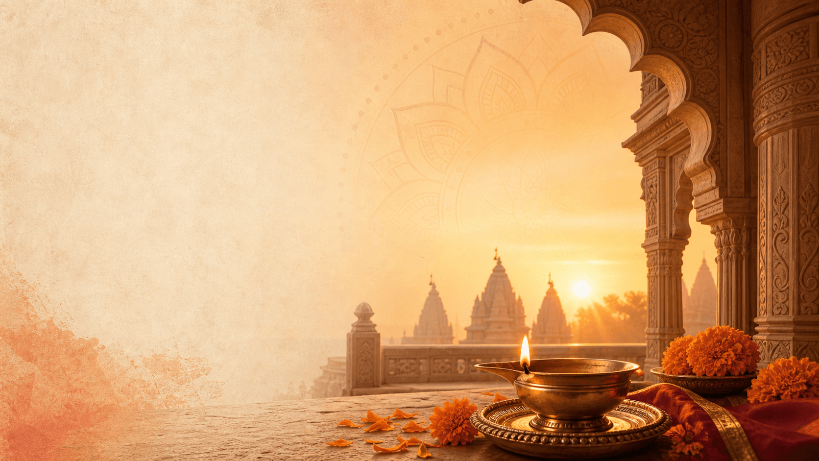 Serene devotional temple scene with diya and marigold flowers